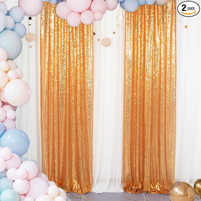ShinyBeauty Gold Sequin Curtain Backdrop 2 Panels 4FTx8FT Photo Curtain Backdrop Curtain Panels 96 Inches Long -190522E