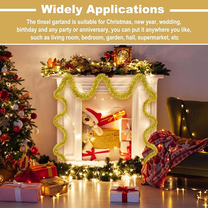25 Feet Christmas Tinsel Garland, Metallic Twist Wall Hanging Tinsel Backdrop for Parade Floats, Carnival, Birthday, Wedding, New Year Party Decorations (Gold, 4in x 25ft)