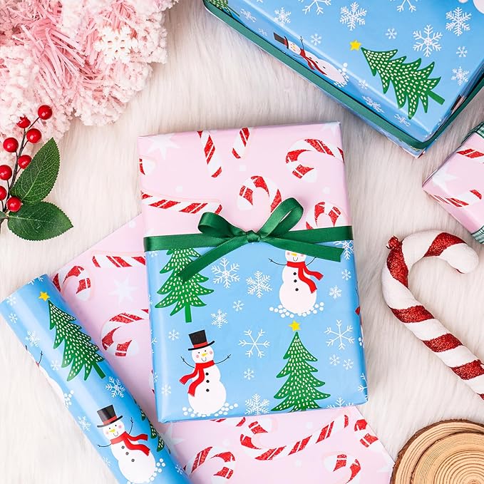 LeZakaa Christmas Wrapping Paper for Kids, Mini Roll, Red Truck, Snowman Christmas Tree in Blue & Pink Candy Cane Reversible Design for Winter Holiday Family Gathering, 17 inches x 32.8 Feet