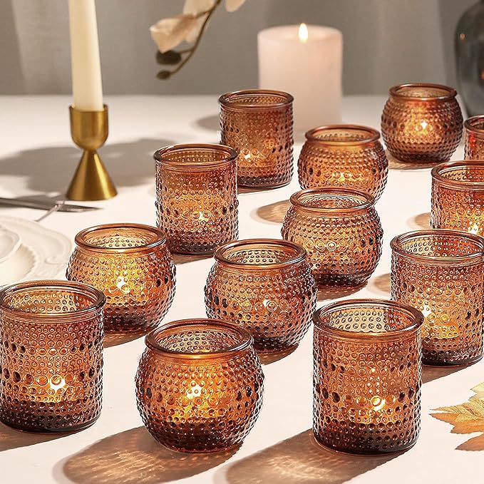 36pcs Amber Votive Candle Holders, Glass Small Tea Lights Candle Holders for Table Centerpiece for Home Decor Party Fall Boho Decor (Amber)