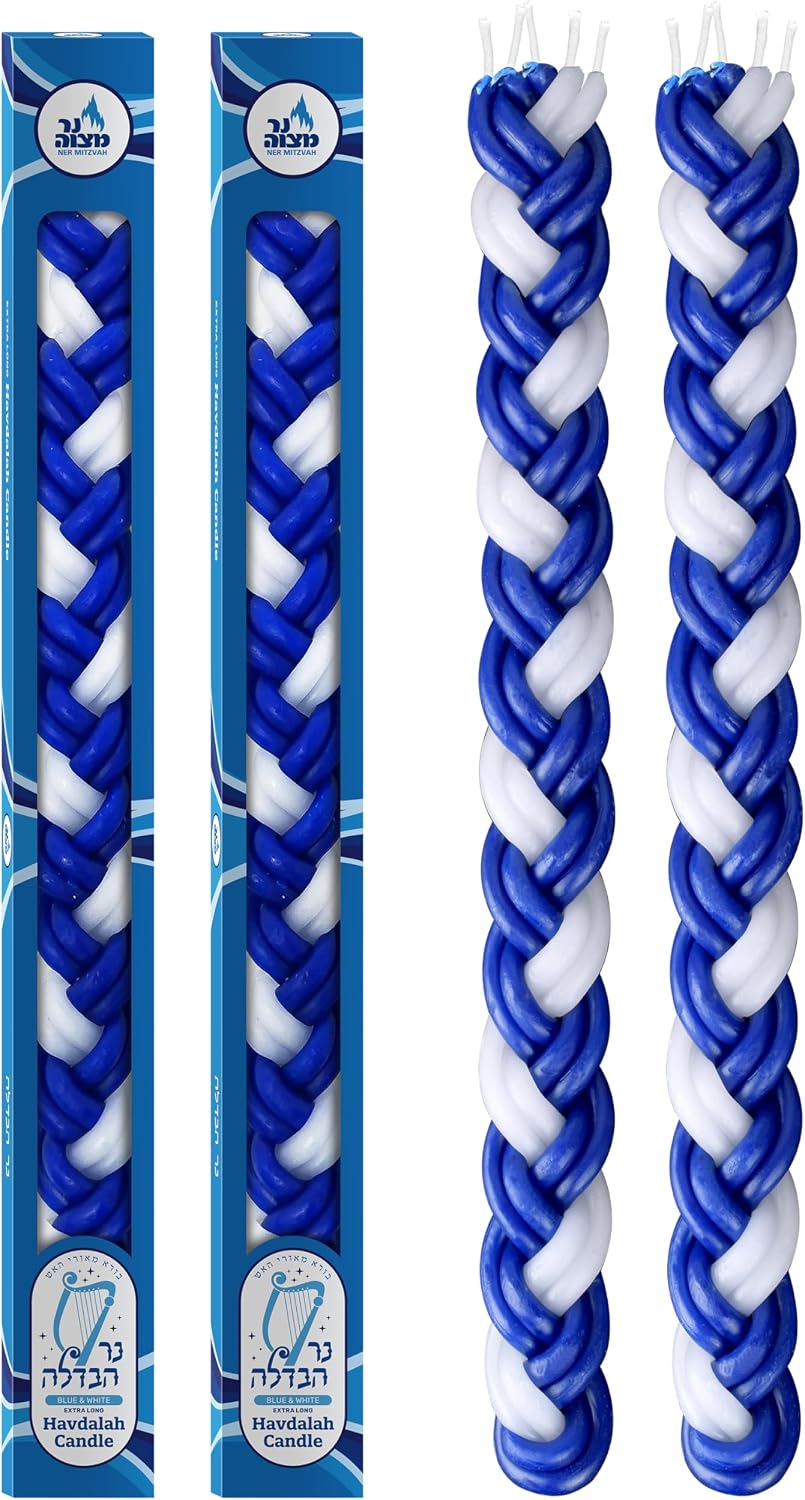 Ner Mitzvah Braided Havdalah Candle - 2-Pack - Large 15-Inch Blue and White Paraffin Wax - Handcrafted Havdallah Candle - Shabbat Judaica Gift