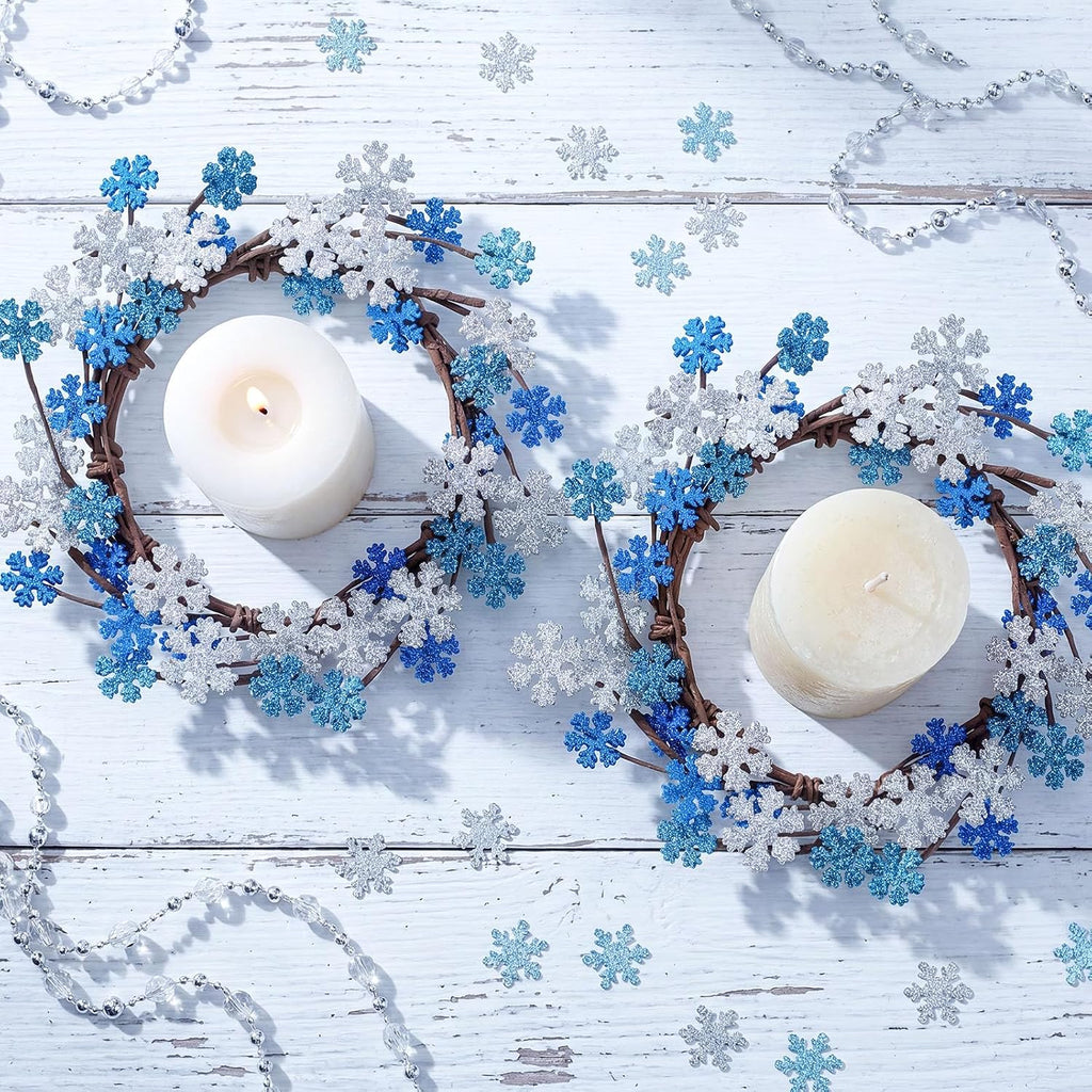 Daifunli 2 Pcs Winter Blue Snowflake Candle Rings Snowflake Wreath Glitter Vintage Wood Wreaths for Pillar 6 Inch Candles Holder for Winter Christmas Rustic Table Centerpiece Decor