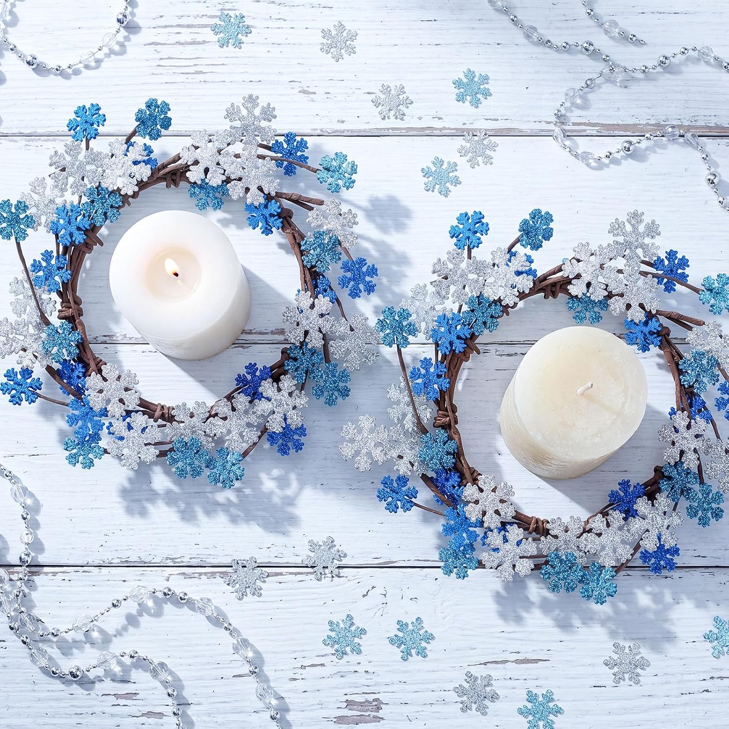 Daifunli 2 Pcs Winter Blue Snowflake Candle Rings Snowflake Wreath Glitter Vintage Wood Wreaths for Pillar 6 Inch Candles Holder for Winter Christmas Rustic Table Centerpiece Decor