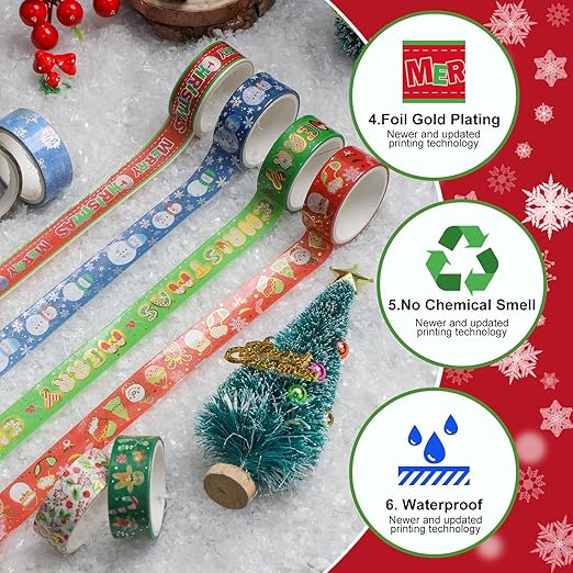 16 Rolls Christmas Washi Tape Holiday Masking Tape Red Green Christmas Wrapping Tape Glod Silver Foil Decorative Tape for Christmas Scrapbook Journal DIY Craft Gift Wrapping（Xmas