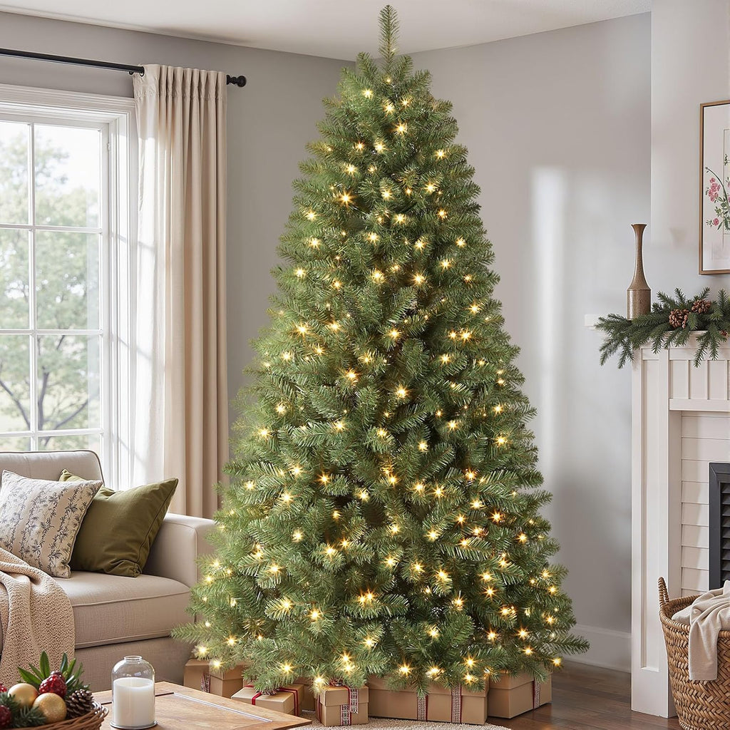 shareconn 7.5ft prelit artificial classic spruce christmas tree, front angle view