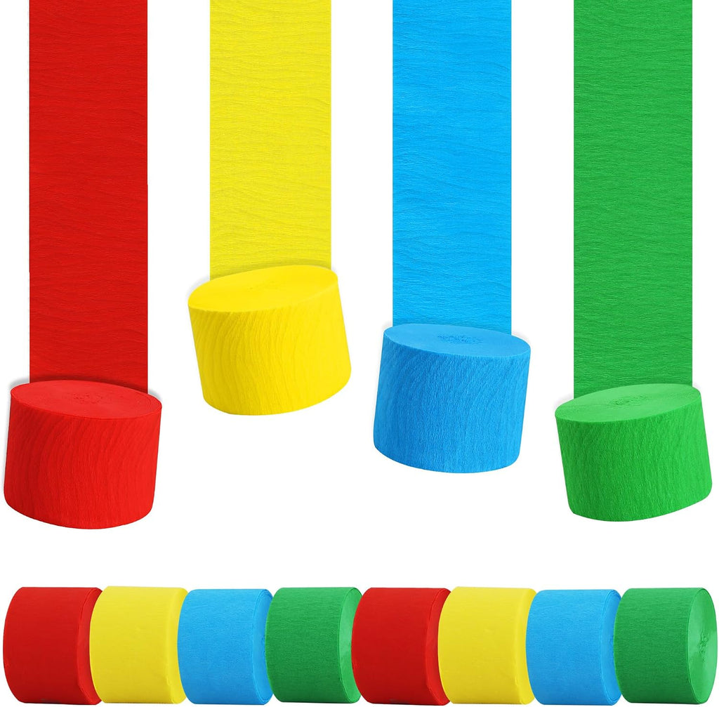 BEISHIDA 8 Rolls Red Yellow Blue and Green Crepe Paper Streamers for Carnival Circus Sesame Street Paw Party Decorations, Birthday DIY Craft Paper(1.8 Inch x 82 Ft/Roll)