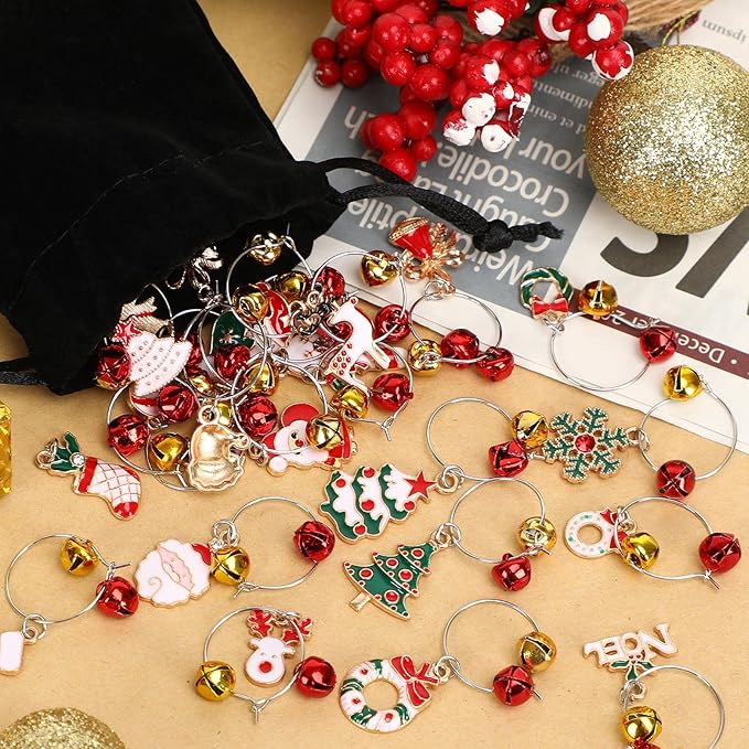 SANNIX 24pcs Christmas Wine Glass Charms - Identification Markers for Stem Glasses, Wine Tasting Party Favors & Holiday Decorations