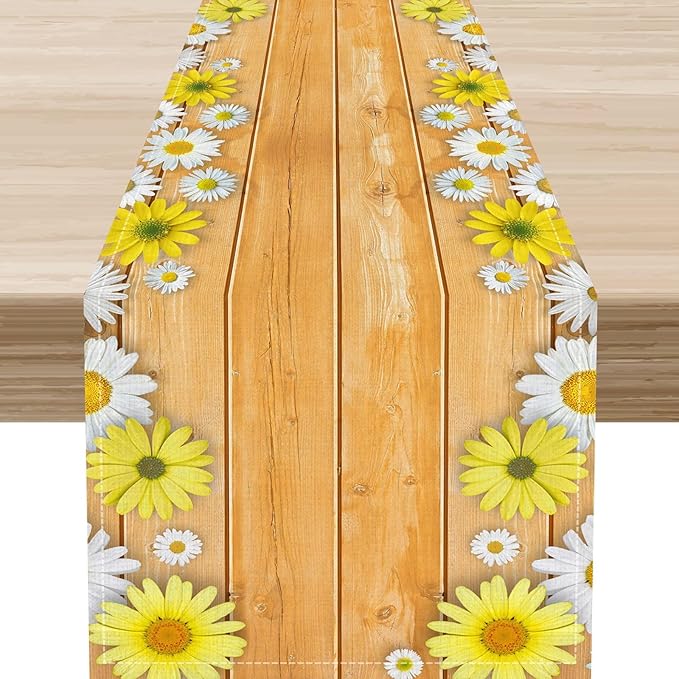 Farmhouse Floral Table Runner, Spring Seasonal Yellow Daisy Sunflower Retro Wooden Country Table Center Decor for Home Kitchen Dining Patio Holiday Party Table Decorations, 13"x108" Inch