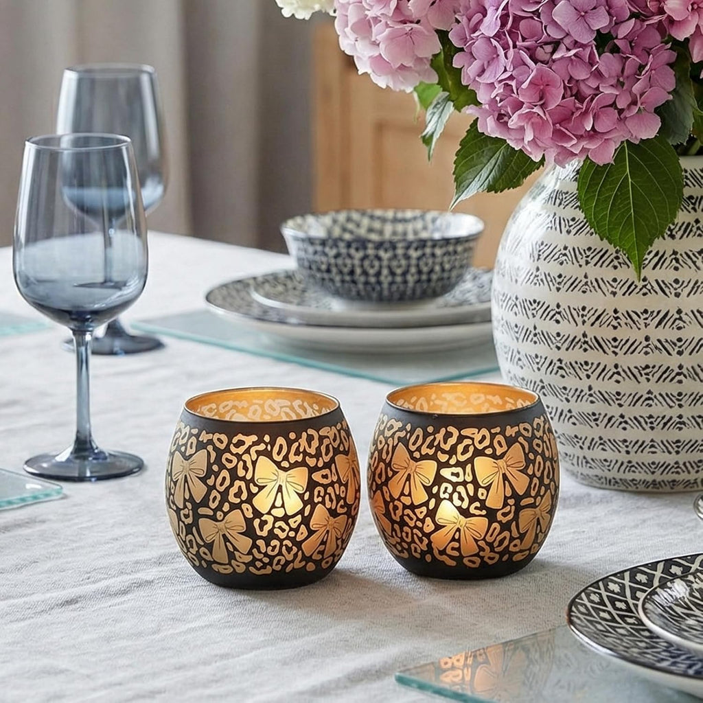 Leopard Candle Holder with Bow Set of 2, Black Gold Votive Tealight Candle Holders for Room Decor, Aesthetic Ribbon Votive for Wedding Centerpieces & Leopard Birthday Party Decorations