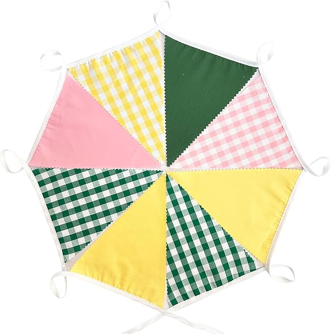 32Ft Camp Bride Party Decorations Pink Green Yellow Gingham Fabric Triangle Banner Flag Plaid Pennant Garland Streamers for Camping Bachelorette Glamping Baby Shower Picnic Birthday Decor Supplies
