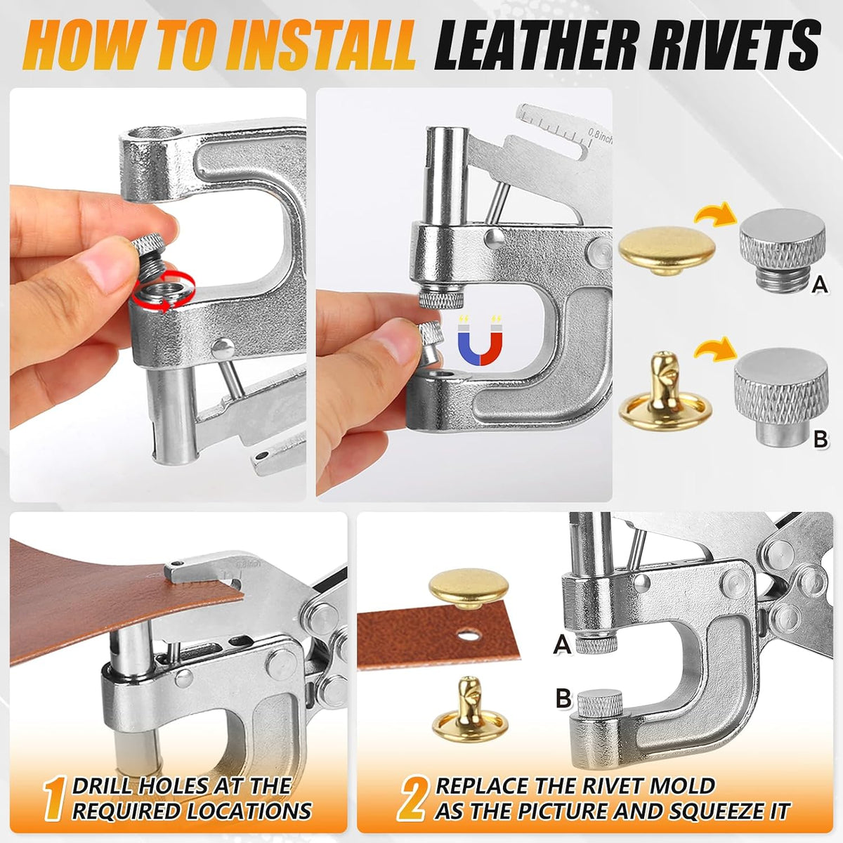 Leather Rivets Press Tool Kit – 320 Sets 4 Colors 2 Sizes Double Cap Rivets a...