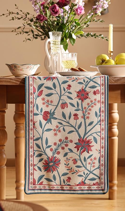 Farmhouse Berry Red Floral Small Table Runner for Table,Decorative Linen 63 Inches Long French Table Runners,Decor Tabletop for Kitchen,Dining,Party,Home,Christmas,12"*63"