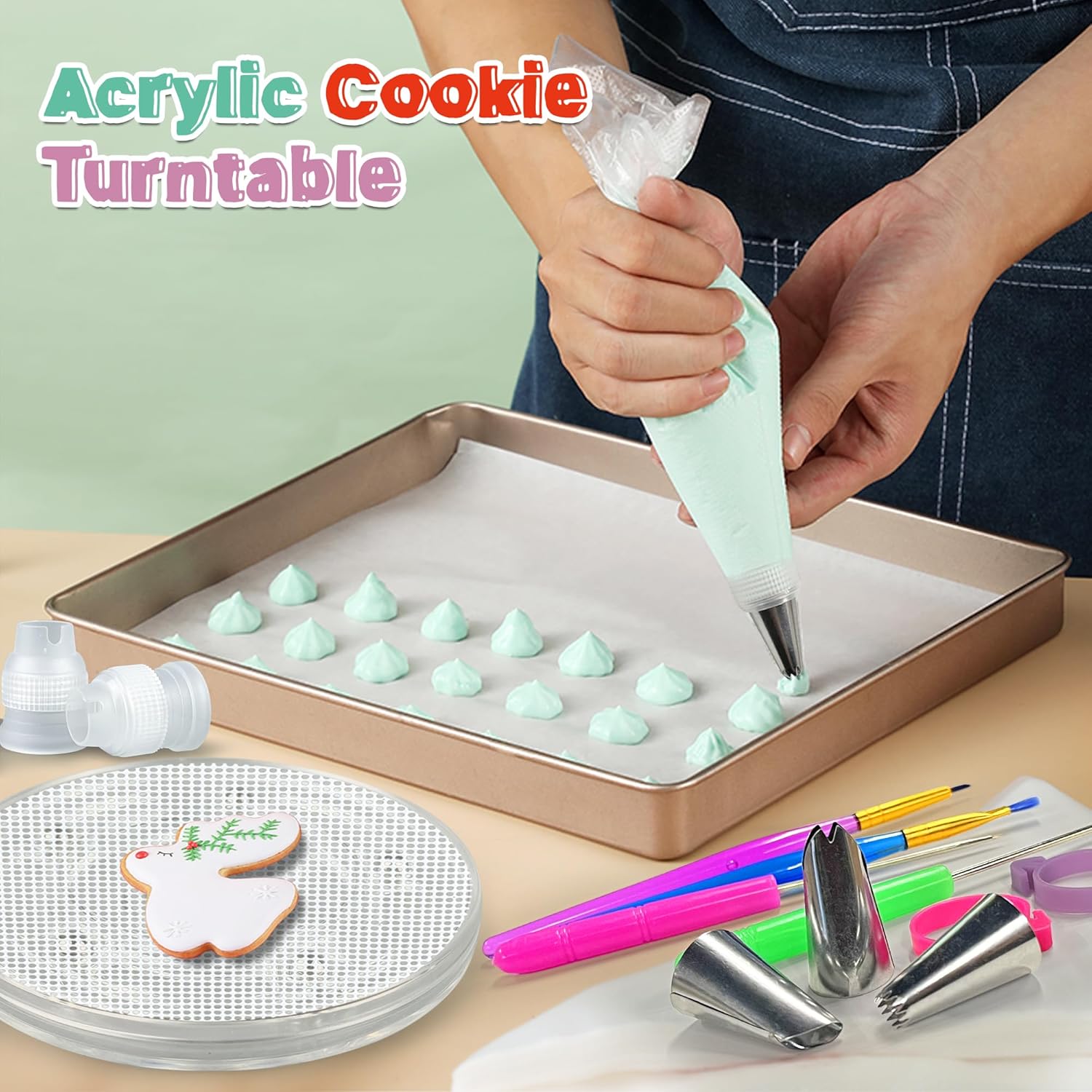 56 PCS Cookie Decorating Kit Supplies Including Acrylic Turntable Decoration Brushes Scribe Needle Piping Bags Icing Tips for Cookie Cupcake Cake Decorations