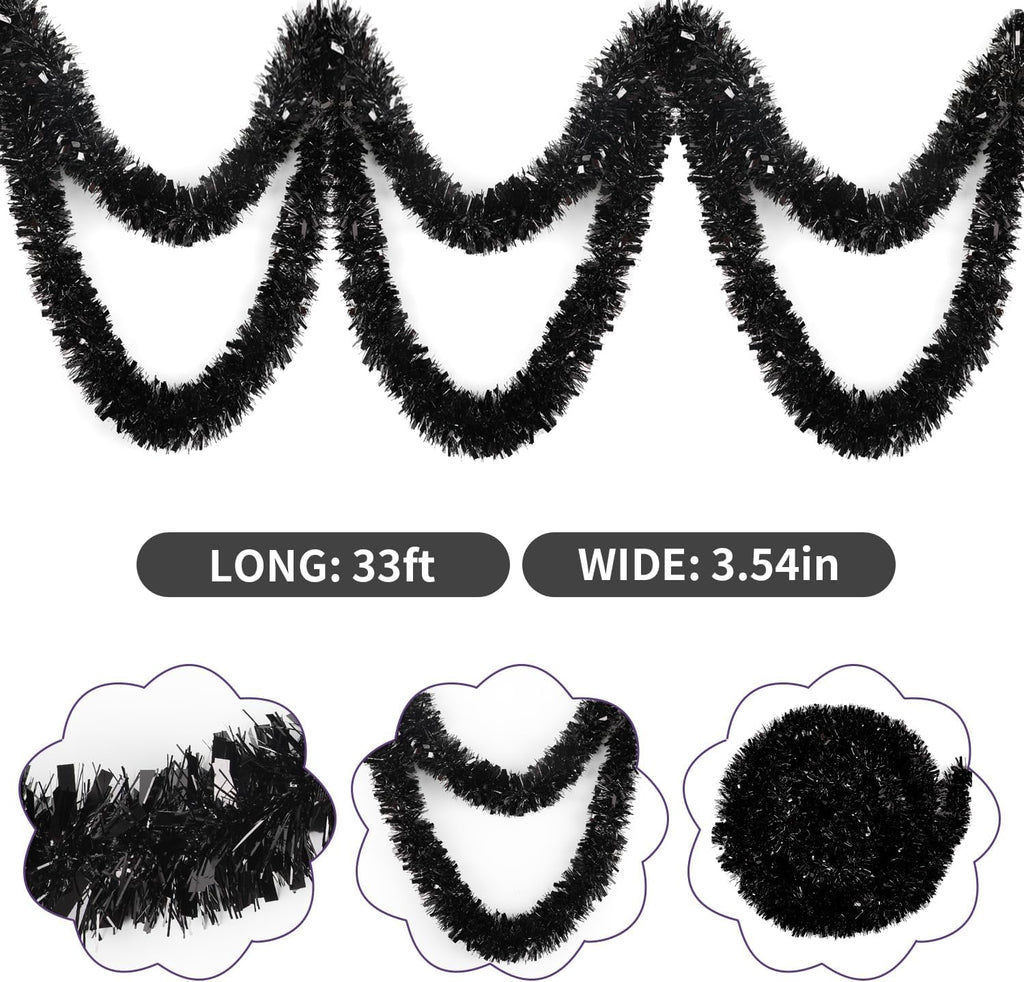 FOIMAS 33FT Black Tinsel Garland,Halloween Metallic Tinsel Garland Twisted Hanging Garland for Halloween Christmas Tree Fireplace Home Decoration