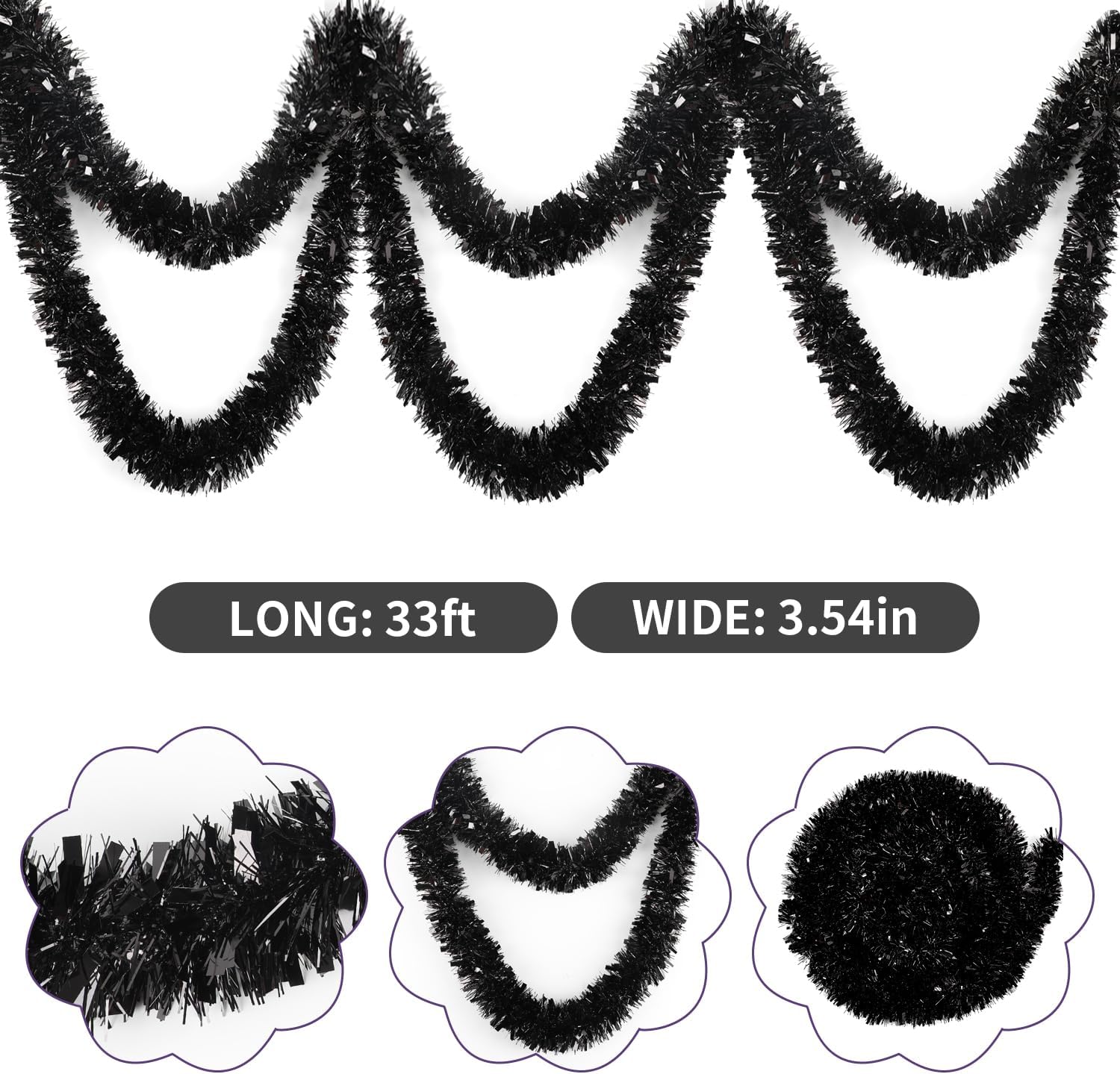 FOIMAS 33FT Black Tinsel Garland,Halloween Metallic Tinsel Garland Twisted Hanging Garland for Halloween Christmas Tree Fireplace Home Decoration