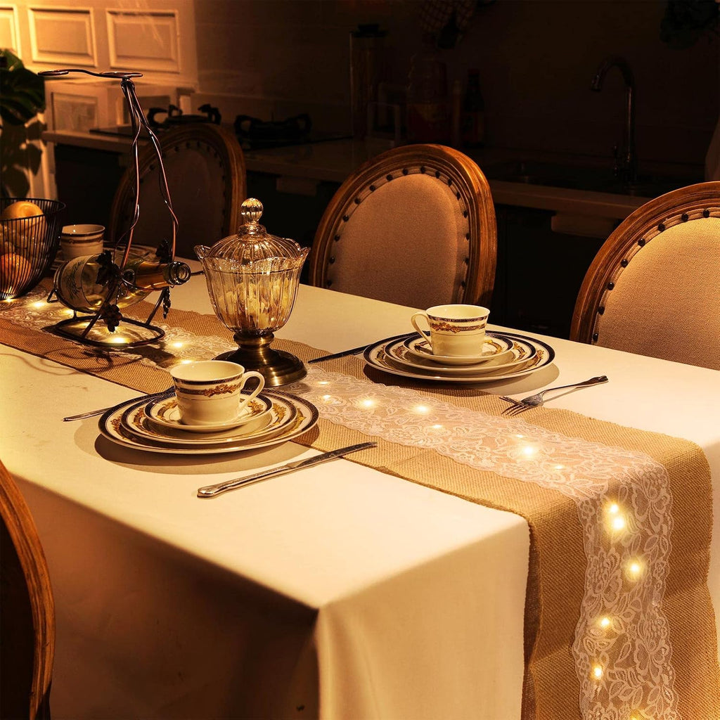 xinnun 12 pcs burlap table runners with lights on a desk or shelf