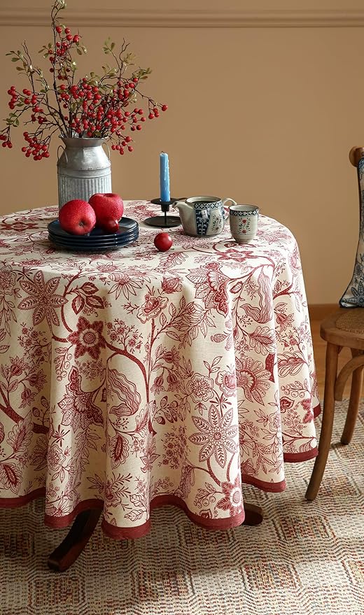 ISAENNE Designer French Linen Small Round Tablecloth,Red Floral Washable Indoor Table Cloth,Durable Home Decor Tablecloths for Dining Thanksgiving Kitchen Party Christmas,Diameter 55"-Ruyi A