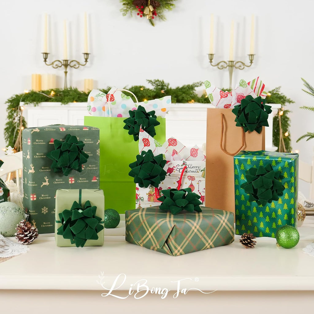 4.5 Inch Green Velvet Ribbon Gift Bow Decorative Bows, Premade Christmas Bows for Gift Wrapping Self Adhesive, Wrapping Bows for Presents, Party Favor, Holiday, Wedding, Birthday-12 Counts