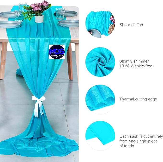 MDS 2 Pack 10ft Chiffon Table Runner 29 x 120 Inches Sheer Wedding Runner Romantic Rustic Table Runner for Wedding Decorations, Birthday Parties, Bridal Shower Party Arch Decor -Turquoise