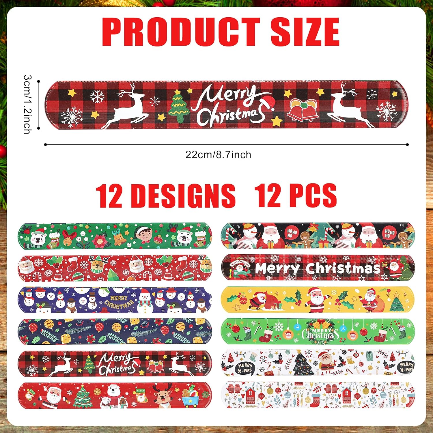 XIHIRCD 12pcs Christmas Wrapping Paper Roll Holder Clips, 8.7x1.2in Holiday Flip Wraps Clamps 12 Designs Stabilizer Slap Bands Gift Strips Flip Gadgets for Xmas Poster Wrapping Organization Storage