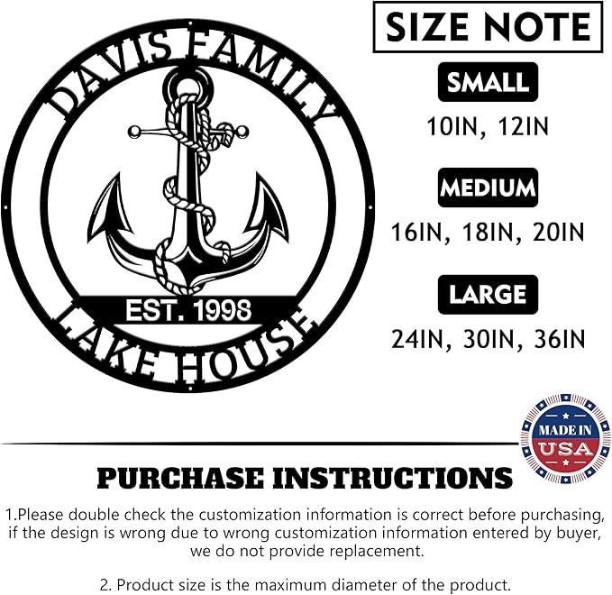 Personalized Metal Anchor Sign, Custom Family Last Name Sign, Nautical Outdoor Monogram Wall Art, Coastal Beach House, Lake House Decor, Housewarming Christmas Wedding Gifts