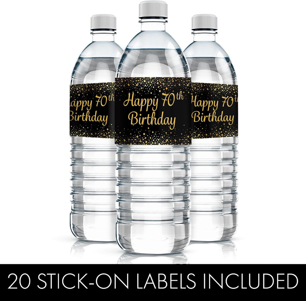 70th Birthday Party Water Bottle Labels – Black & Gold Birthday Decorations, 20 Stickers