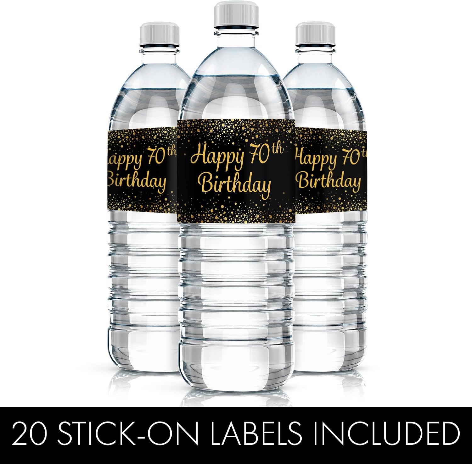 70th Birthday Party Water Bottle Labels – Black & Gold Birthday Decorations, 20 Stickers