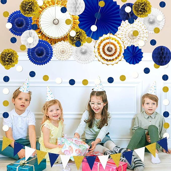 Blue and Gold Party Decorations - 23Pcs Navy Blue White Gold Baby Shower Birthday Decor for Men Boy Kids with Hanging Paper Fans, Pom Poms Flowers, Garland String Polka Dot Packs