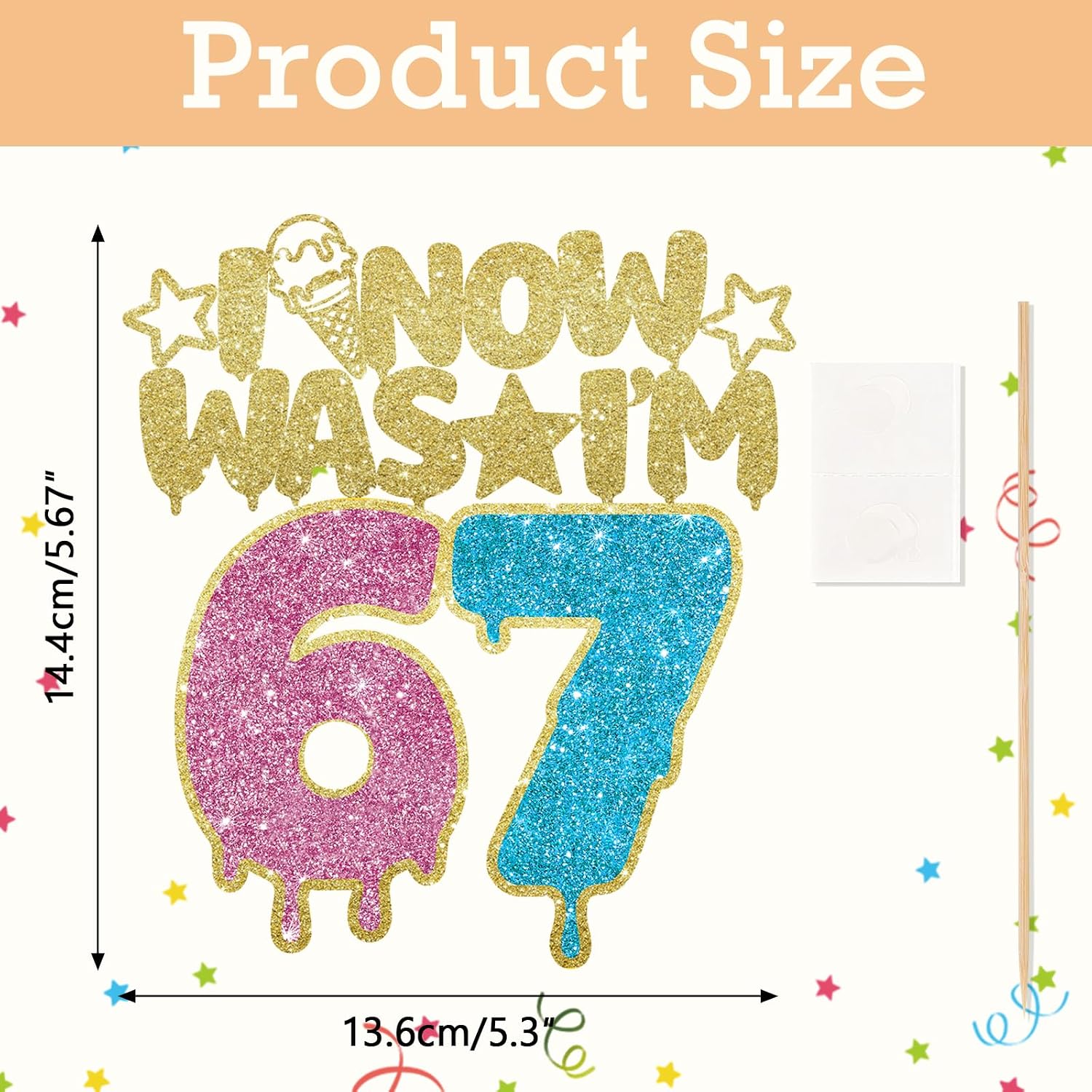 I WAS 6 NOW I'M 7 Cake Topper, 6 7 Birthday Decorations Cake Decor for Boy Girl 7 Years Old, Pink+Blue