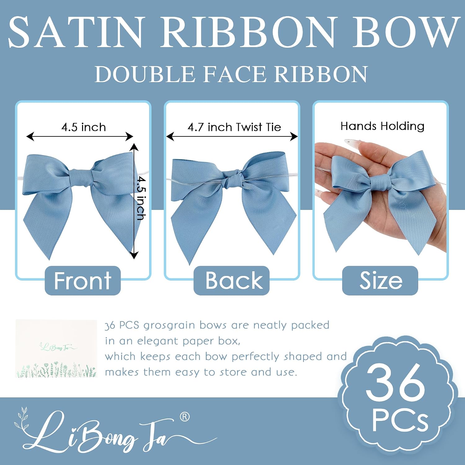 Dusty Blue Gift Bows 36 PCS 4.5 Inch Pre-Made Grosgrain Bows with Twist Tie for Gift Wrapping Baby Shower Wedding Event Decor Treat Bags Craft Presents Boxes Wreath Making Birthday Party