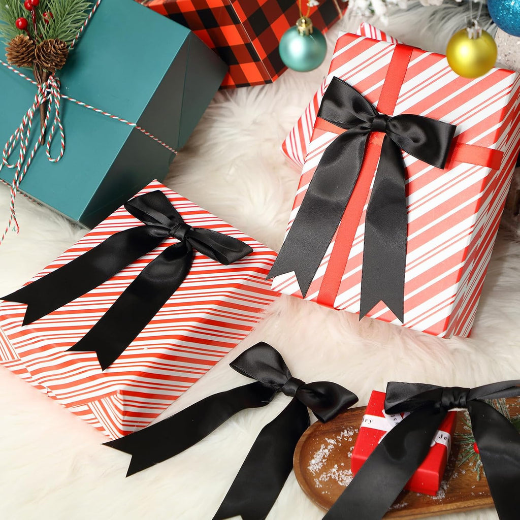 Riceshoot 24 Pcs Black Satin Ribbon Bows 5x7'' Self Adhesive Stick on 1.57 Inch Wide Premade Satin Bows with Double Sided Tape for Gift Wrapping Balloons Crafts Wedding Birthday