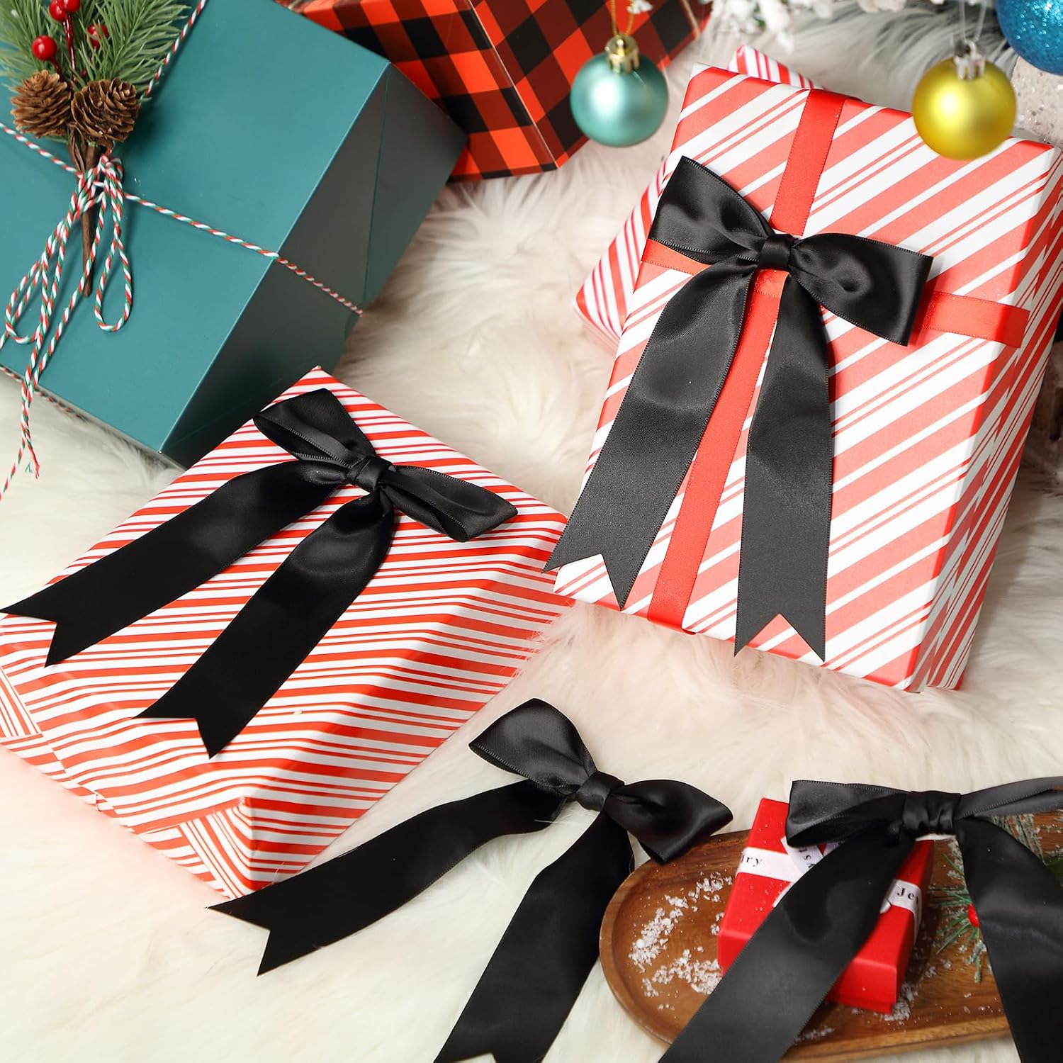 Riceshoot 24 Pcs Black Satin Ribbon Bows 5x7'' Self Adhesive Stick on 1.57 Inch Wide Premade Satin Bows with Double Sided Tape for Gift Wrapping Balloons Crafts Wedding Birthday
