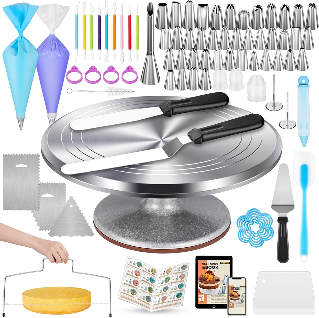 Kootek 180 Pcs Cake Decorating Kits Supplies - Aluminium Alloy Revolving Cake Turntable, Numbered Cake Decorating Tips and Frosting Tools for Baking Cupcake Cookie Muffin Kitchen Utensils