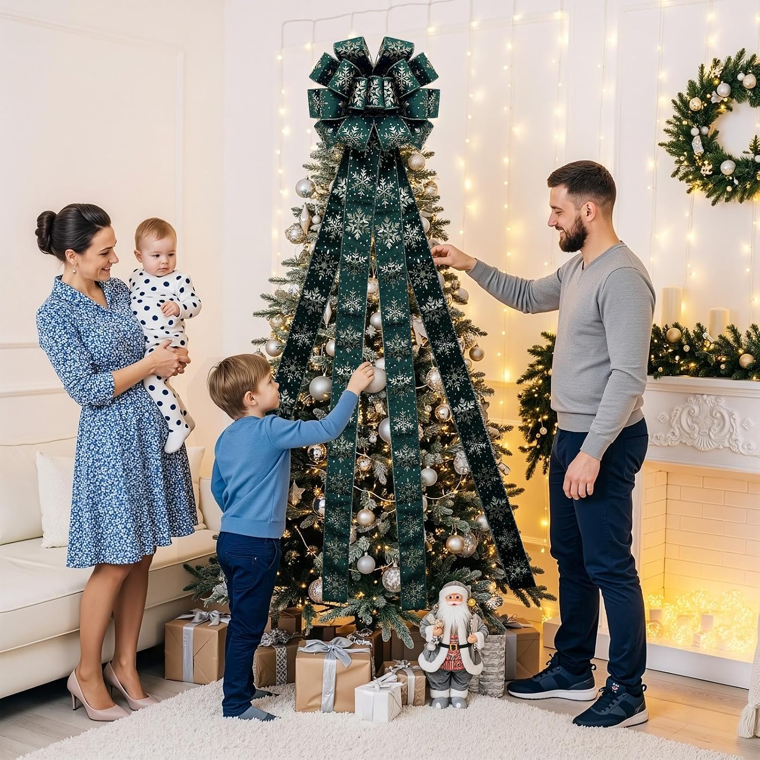 Christmas Tree Topper Bow,48''x 13'' Large Velvet Christmas Wreath Bows Xmas Ornaments with Long Streamer Wired Edge Ribbon for Christmas Decoration (Green)
