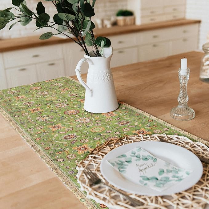 Snycler Table Runner Boho Table Runners Vintage Elegant Farmhouse Table Center Linen Decor for Home Dining Party Entrance (13x108 Inch) Green