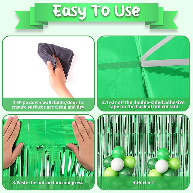 2 Pack Green Foil Fringe Backdrop Curtains, Tinsel Streamers Birthday Party Decorations, Fringe Backdrop for Graduation, Baby Shower, Gender Reveal, Disco Party