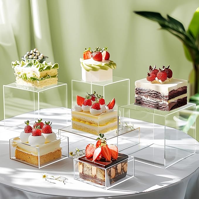 6Pcs Buffet Risers, Food Risers for Buffet Table, Acrylic Cube Display Risers with Hollow Bottom, Food Display Stand for Party Jewelry Dessert Figures (Size 5.5",6",6.5",7",7.5",8")