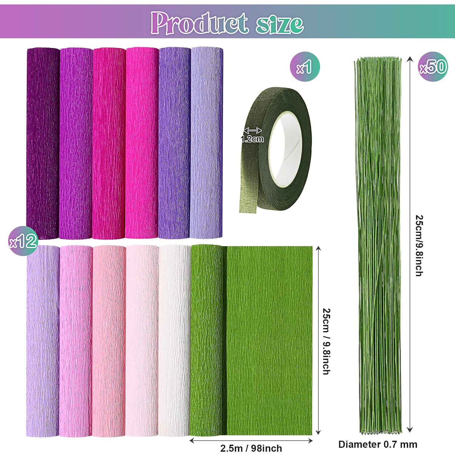 Leinuosen 65 Pcs Crepe Paper Flower DIY Kits 12 Rolls 10 x 98 Inch Crepe Paper Rolls Sheets 100 Floral Iron Wire 1 Wire Cutter 2 Tapes for Birthday Party Wedding Wreath Flower Making(Elegant Colors)