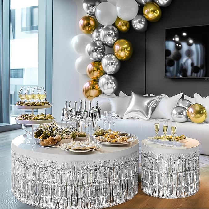 2 Pack Silver Table Skirts, 29x108" Metallic Foil Tinsel Fringe Table Skirts for Rectangle Tables Streamer Curtains Backdrop, Party Decorations for Birthdays Weddings Holidays