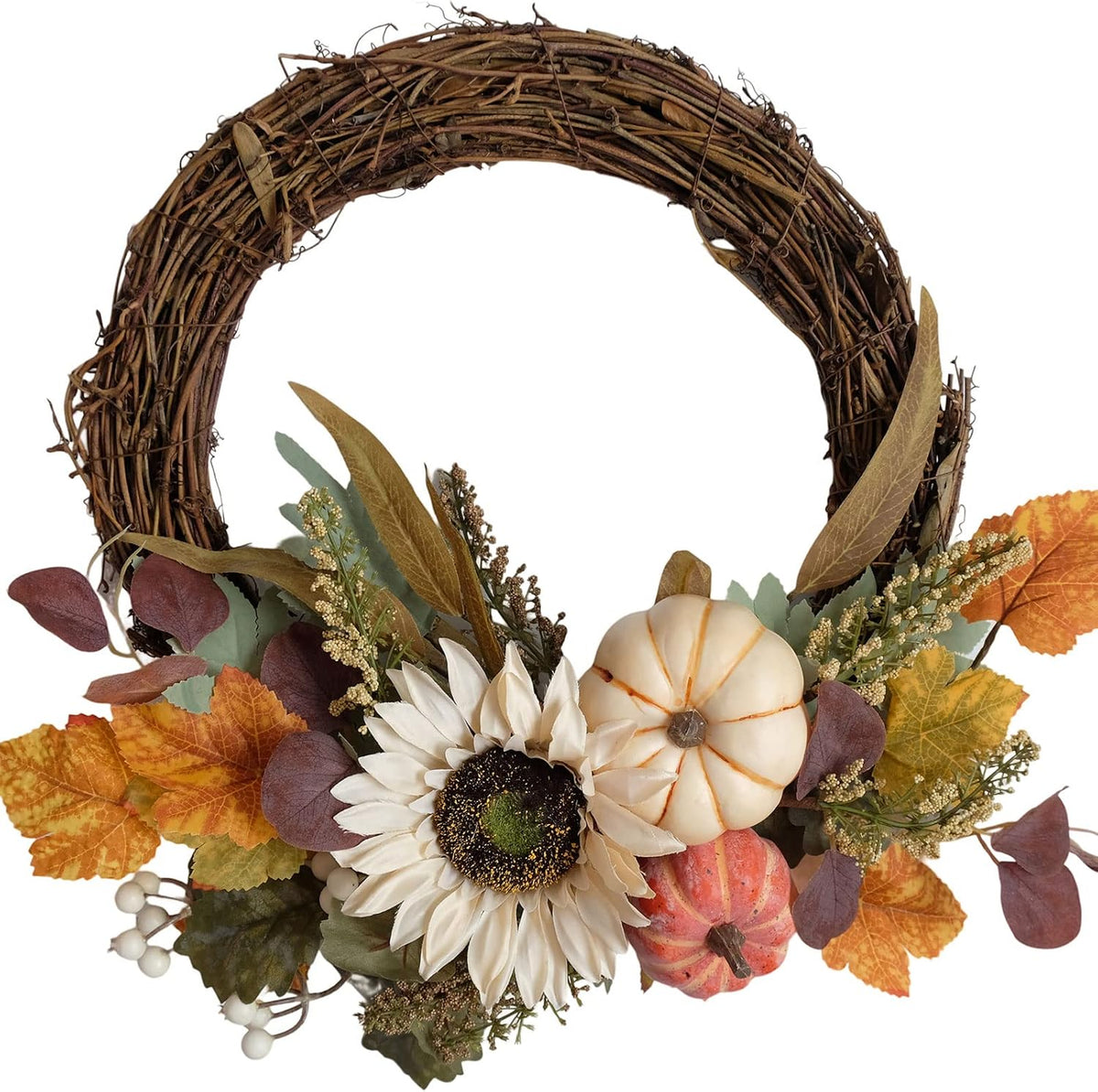12" fall harvest pumpkin and sunflower wreath, main product view