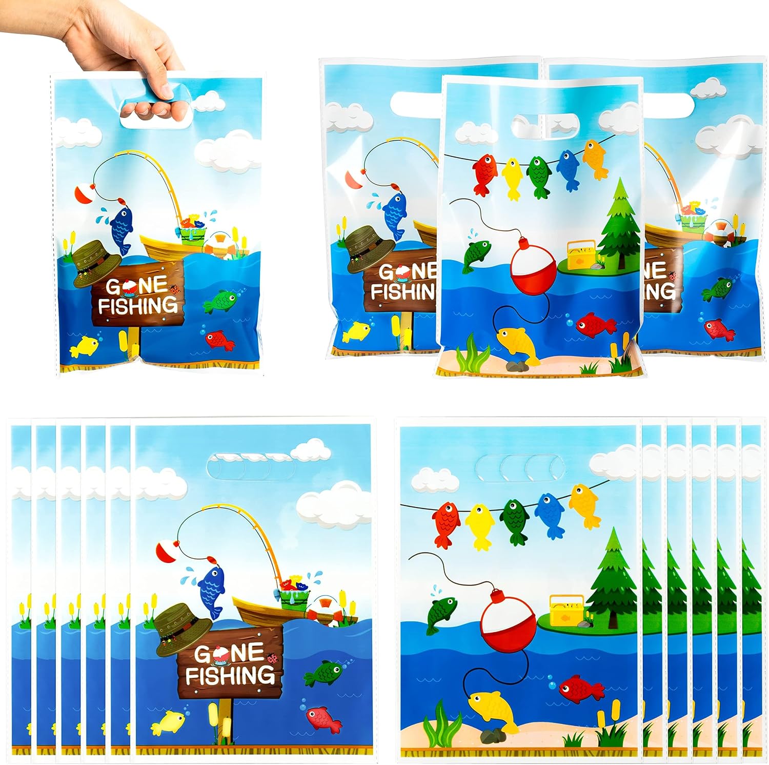50Pcs Little Fisherman 1st Birthday Party Bags Gone Fishing Goody Candy Treat Plastic Gifts Bags Gone Fishing The Big One Birthday Party Decorations Supplies Decor for Kids