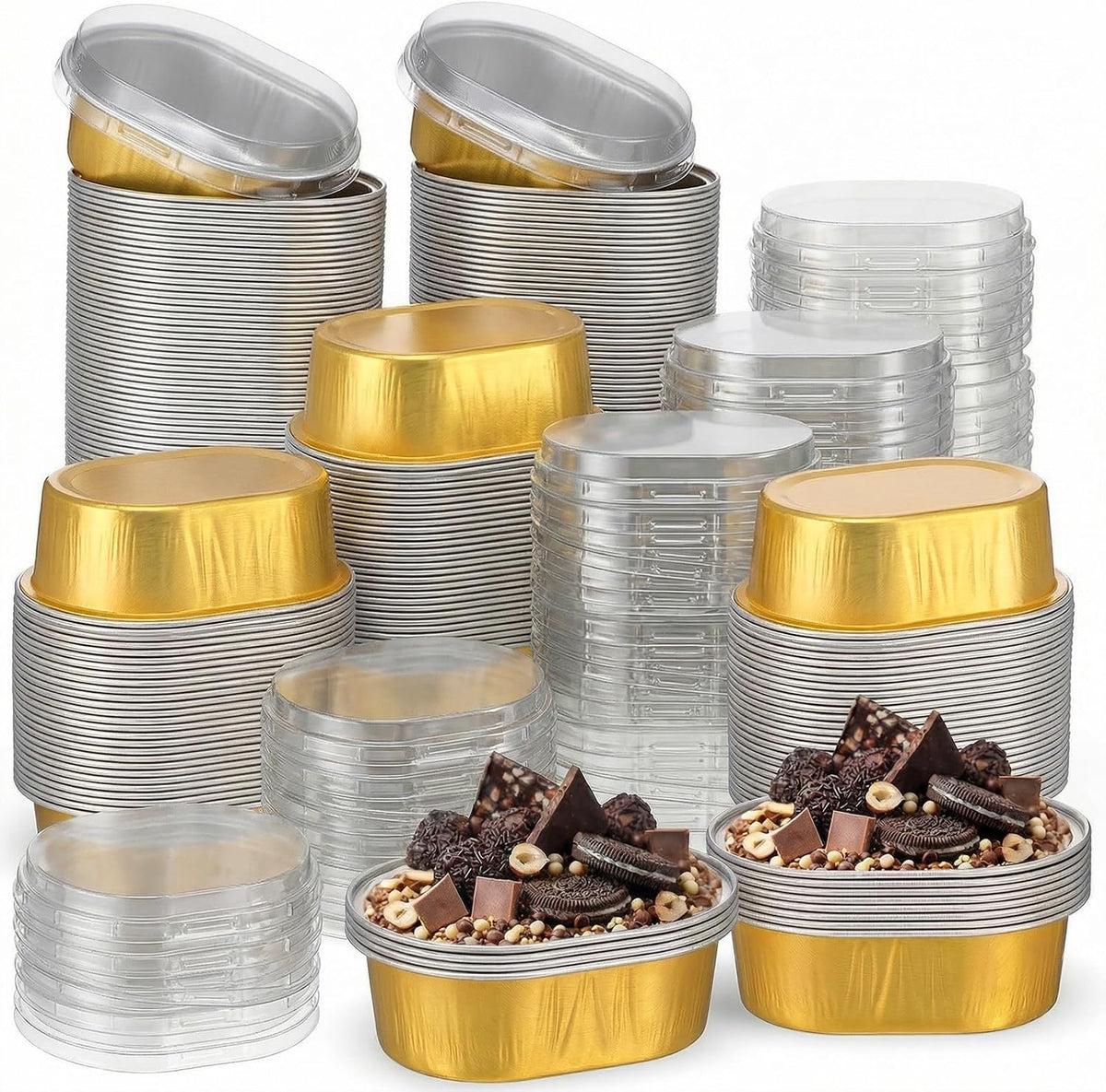 200 Pack Oval Gold Aluminum Baking Cups with Lids, 2 FL OZ Disposable Ramekin...