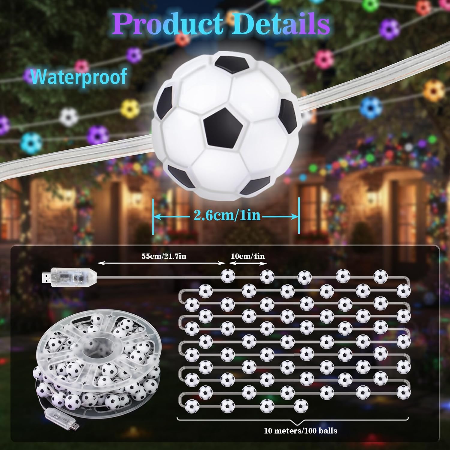 Soccer Ball String Lights - 10ft USB-Powered, 100 LED Warm White Balls, Soccer Party Decorations for Enthusiastic Fans, Sports Decorative Lights, Birthday Decorations, Soccer Gift