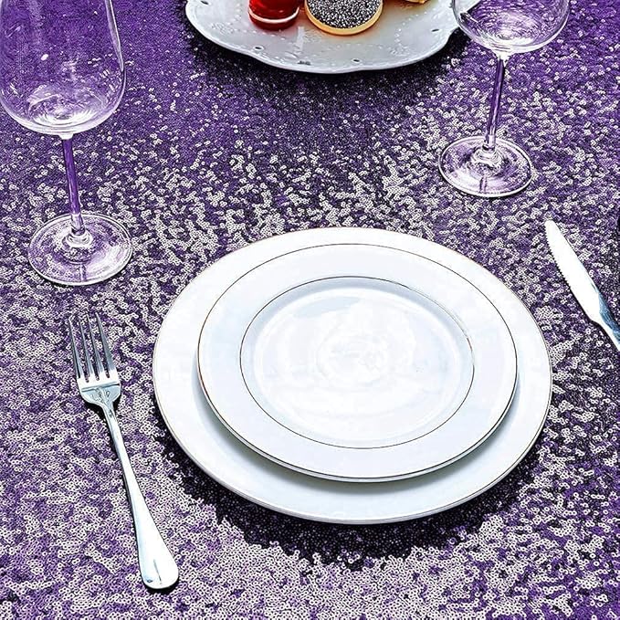 QueenDream Tablecloth 90x156 Rectangle Sequin Tablecloth Purple Wedding Table Linens Glitter Birthday Bridal Party Indoor Outdoor Decorations