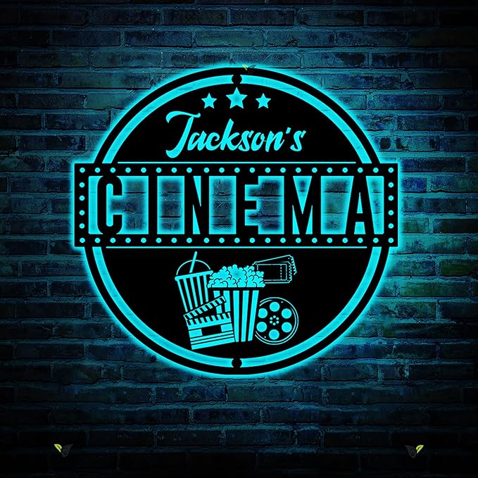 Custom Movie and Popcorn Metal Wall Art LED Light Custom Family Cinema Home Theater Name Sign Home Decor Theater Decor Xmas Birthday Gift