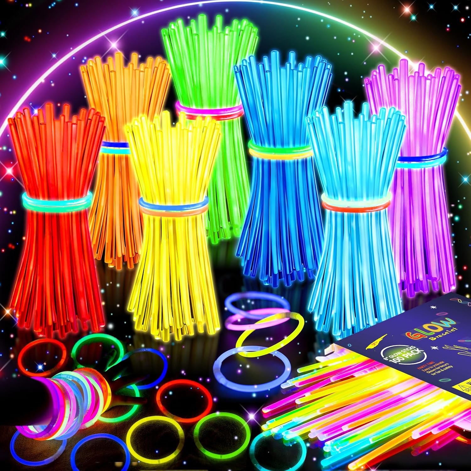 HONLYNE 100 Pack Glow Sticks Party Favors Bulk, 8" Glow in the Dark Party Supplies, Party Favors for Kids 8-12, Neon Glow Stick Bracelets & Necklaces for Raves, Halloween, Christmas, Birthdays