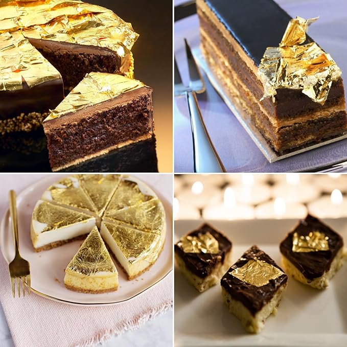 20 Sheets Gold Flakes, Premium 24K Gold Leaf 3.15×3.15 Inches Craft Art Decoration Perfect for Decorating Cakes Desserts Drinks Ice Cream Sushi