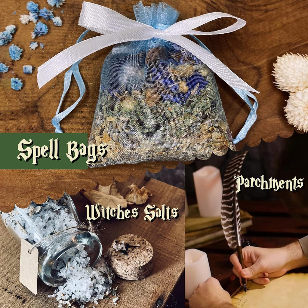Tassika Witchcraft Starter Kit, Witchcraft Supplies for Wiccan Altar- 63 Pack of Crystals Dried Herbs, Colored Magic Candles, Charm Bags and Ritual Witches Salt for Spells, Baby Witches