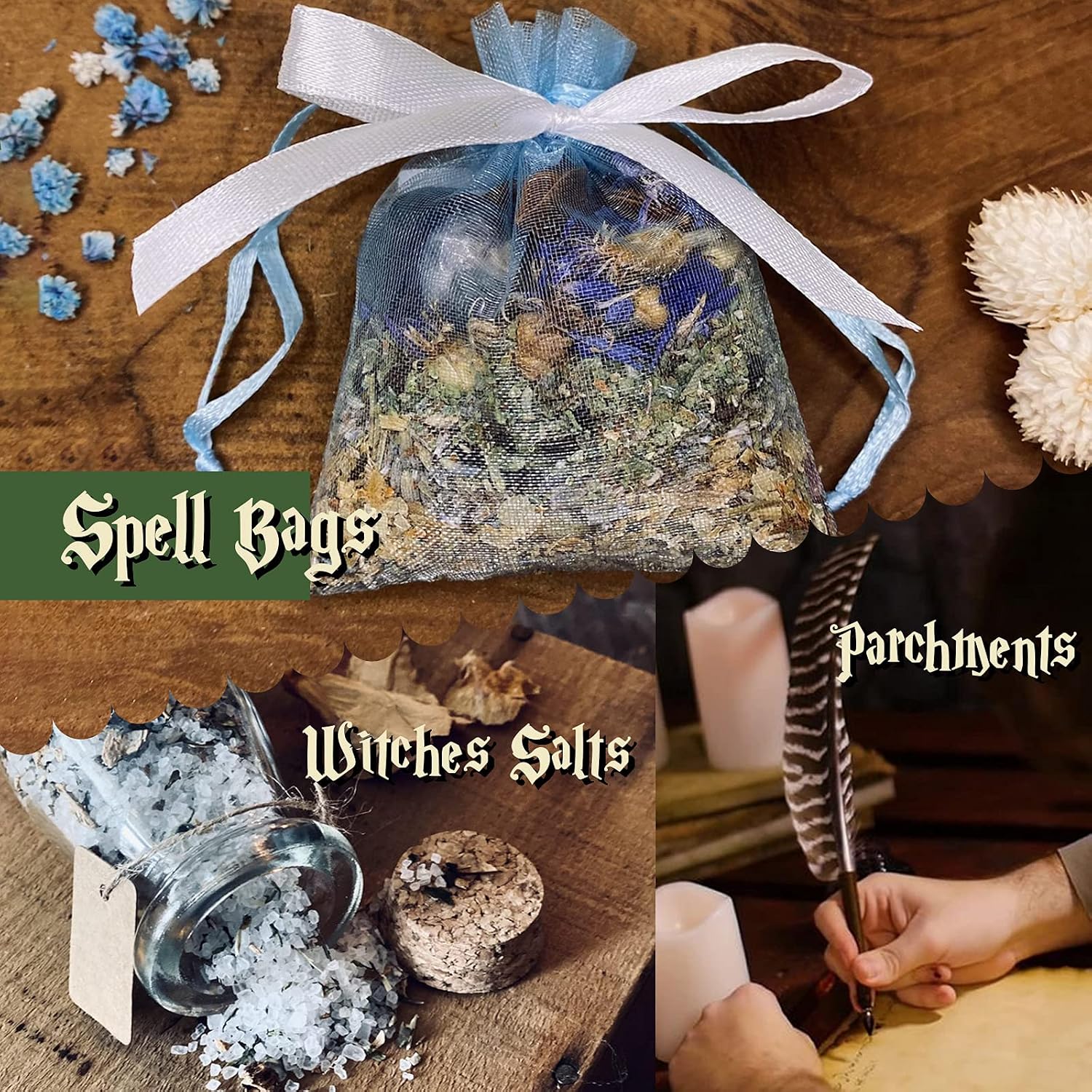 Tassika Witchcraft Starter Kit, Witchcraft Supplies for Wiccan Altar- 63 Pack of Crystals Dried Herbs, Colored Magic Candles, Charm Bags and Ritual Witches Salt for Spells, Baby Witches