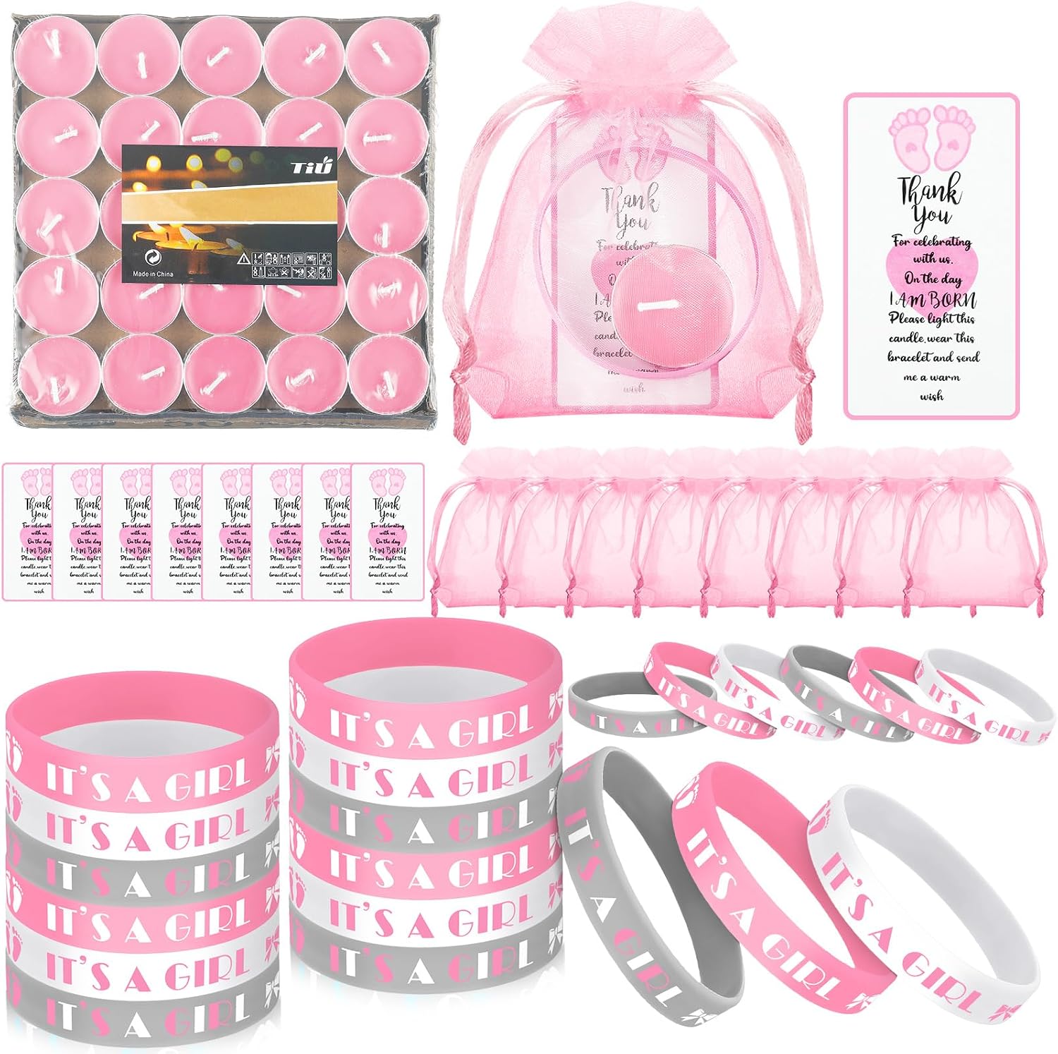 MTLEE 50 Sets Baby Shower Favors Tea Light Candles for Guests Cute Baby Shower Decorations with 50 Cards and 50 Organza Bags and 50 Silicone Bracelets for Boys Girls Gender Reveal (Pink,Cute)